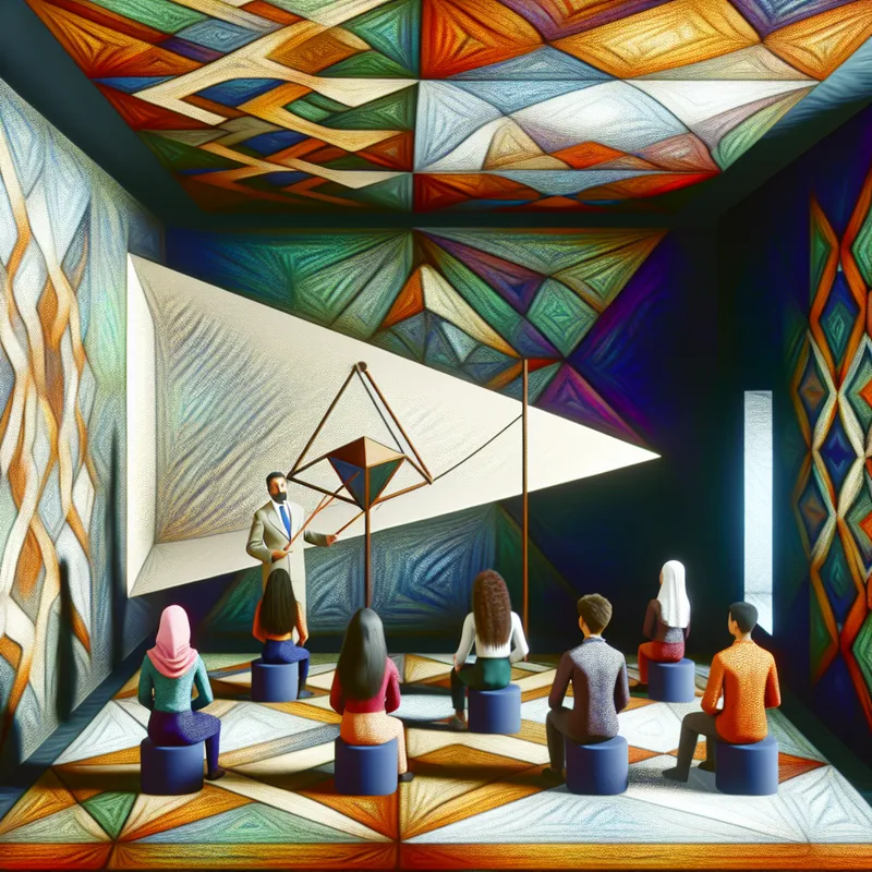 Surrealist schilderij van een leraar die lesgeeft in een geometrisch klaslokaal met studenten, omringd door optische illusies en creatieve presentaties.