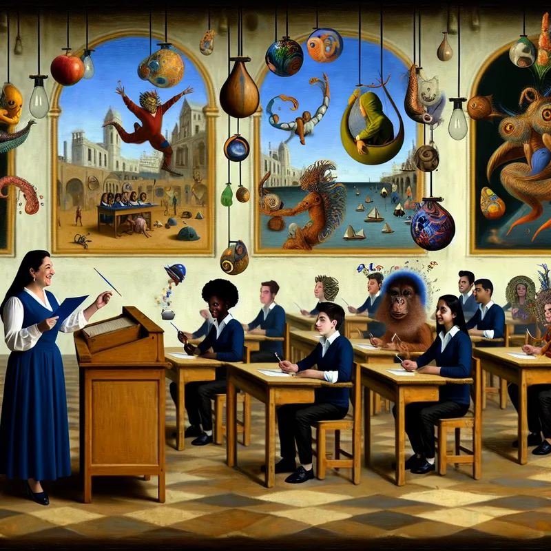 Een surrealistische klaslokaal met een leraar die een test afneemt, omringd door bizarre wezens en drijvende objecten die hypotheses symboliseren.