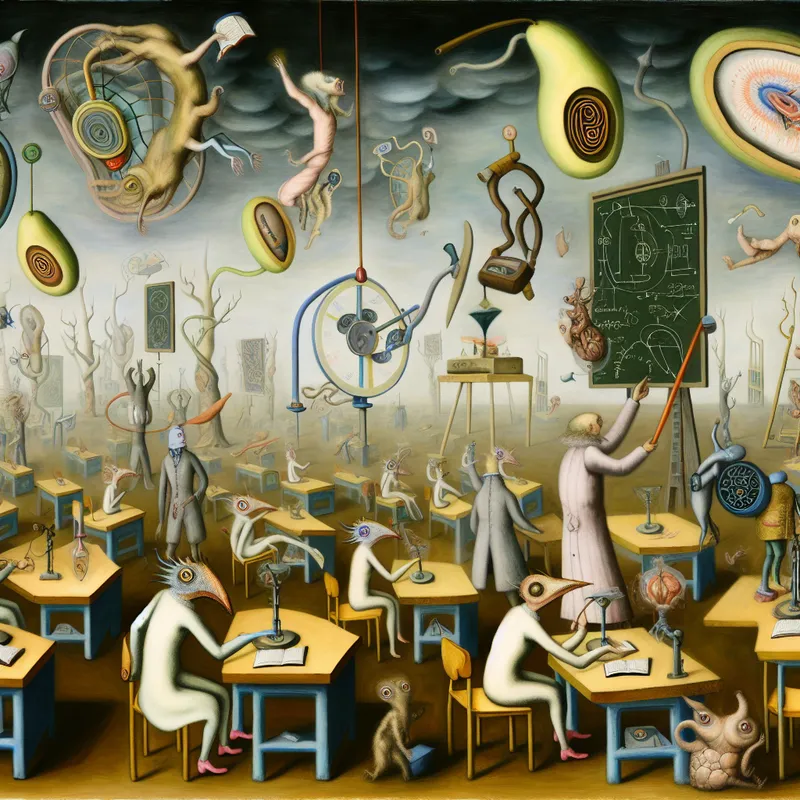 Surrealistisch klaslokaal in de stijl van Hieronymus Bosch waar hybride wezens een nieuwe lesmethode proberen met zwevende boeken en vreemde apparaten