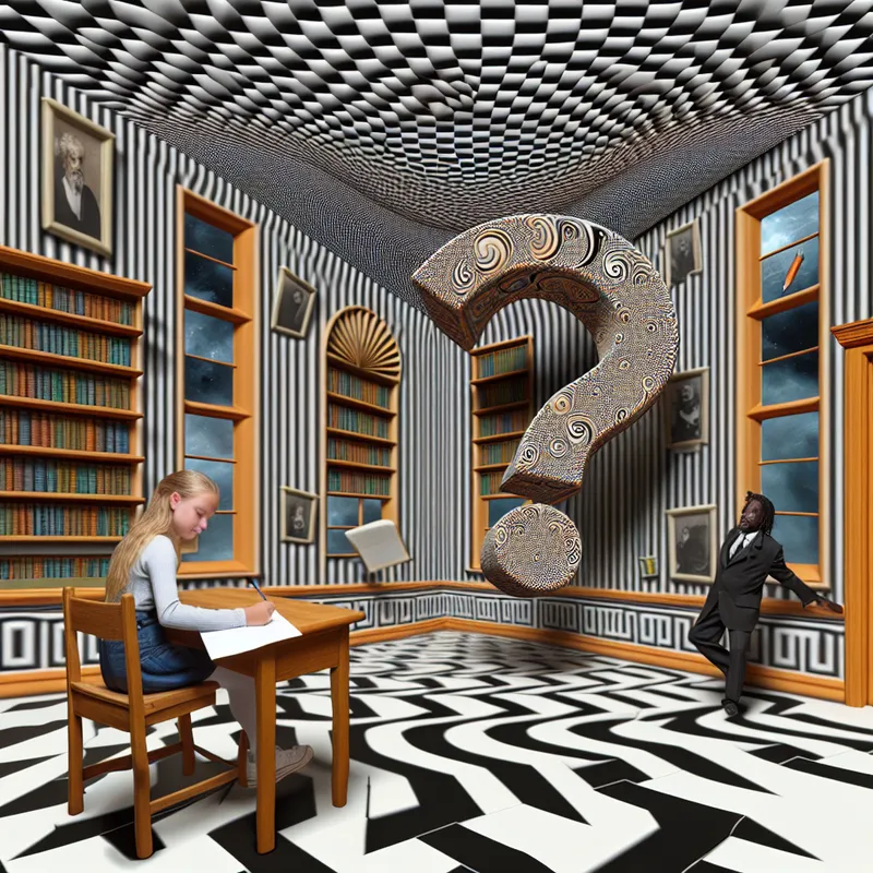 Een student in een surrealistisch klaslokaal, snel antwoordend op een vraag, omringd door zwevende boeken en een enorme vraagteken boven zijn bureau.