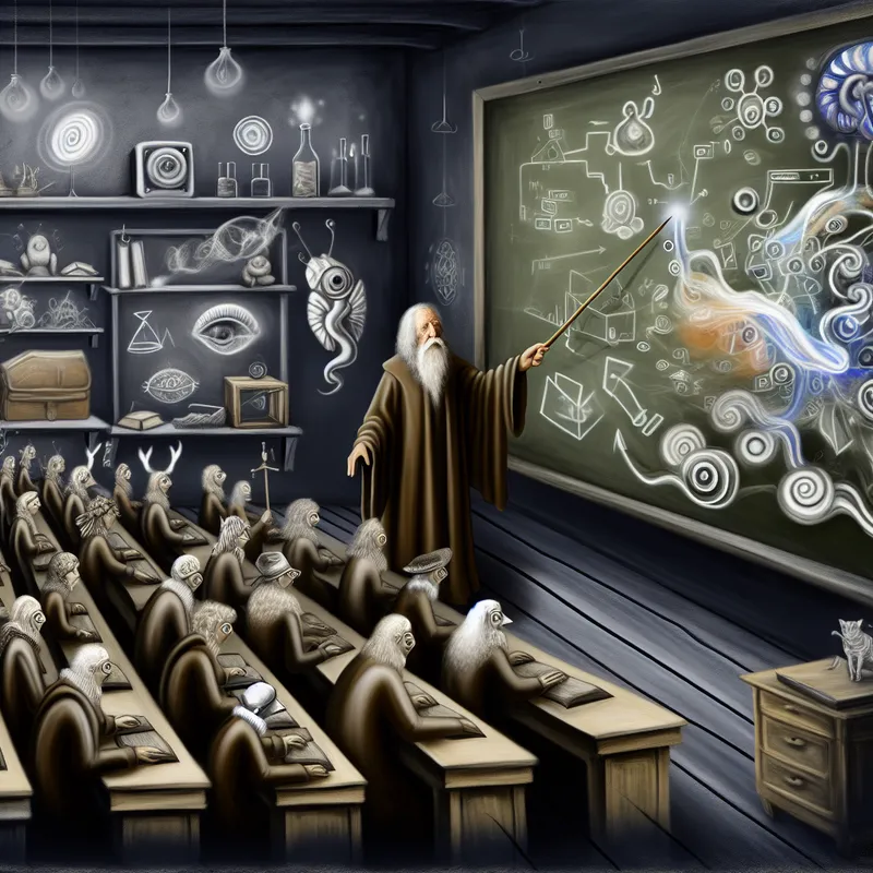 Surrealistisch klaslokaal met een docent die aanwijzingen geeft aan een bord vol bizarre diagrammen, met vreemde wezens die notities maken.