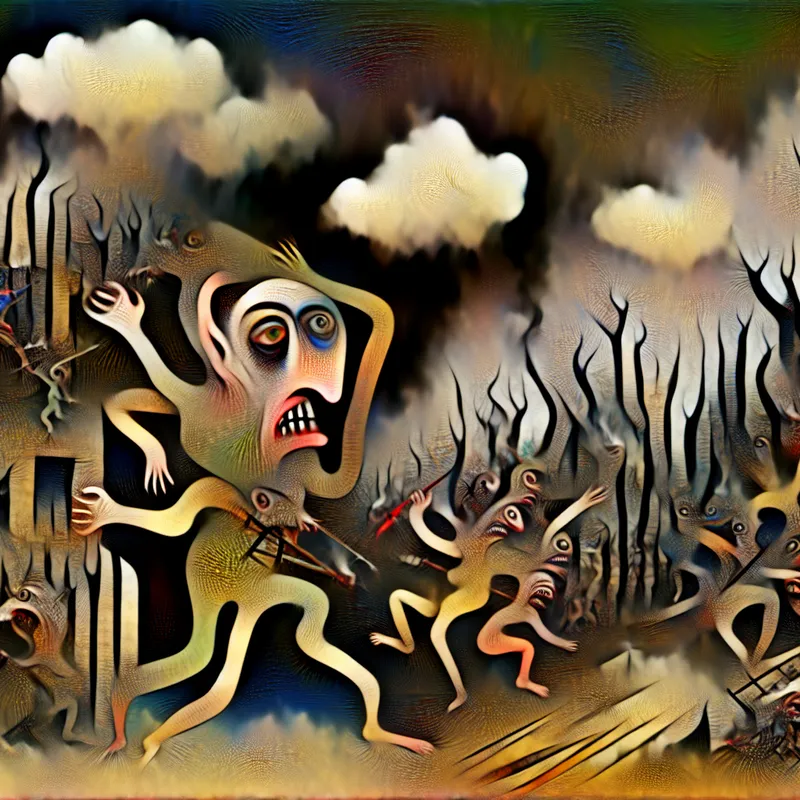 Een karakter met een pijnlijke uitdrukking in een surrealistisch landschap, omringd door bizarre wezens die onrecht en chaos vertegenwoordigen.