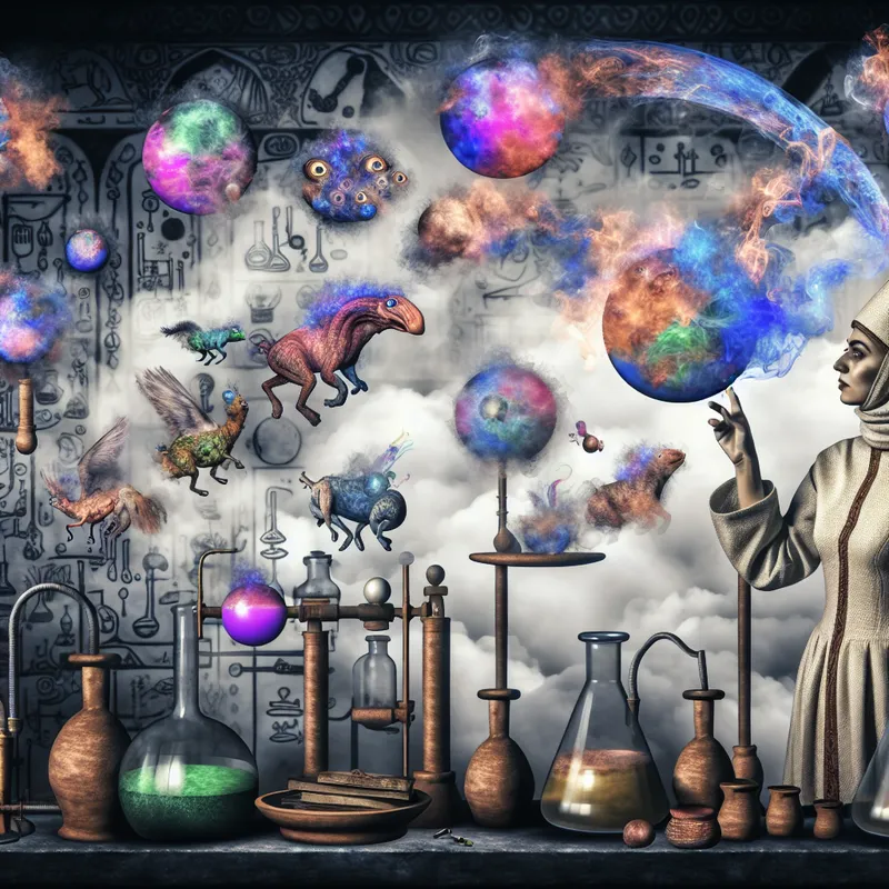 Chemicus in een surrealistisch laboratorium studeert gassen, omringd door bizarre wezens die verschillende gassen belichamen.