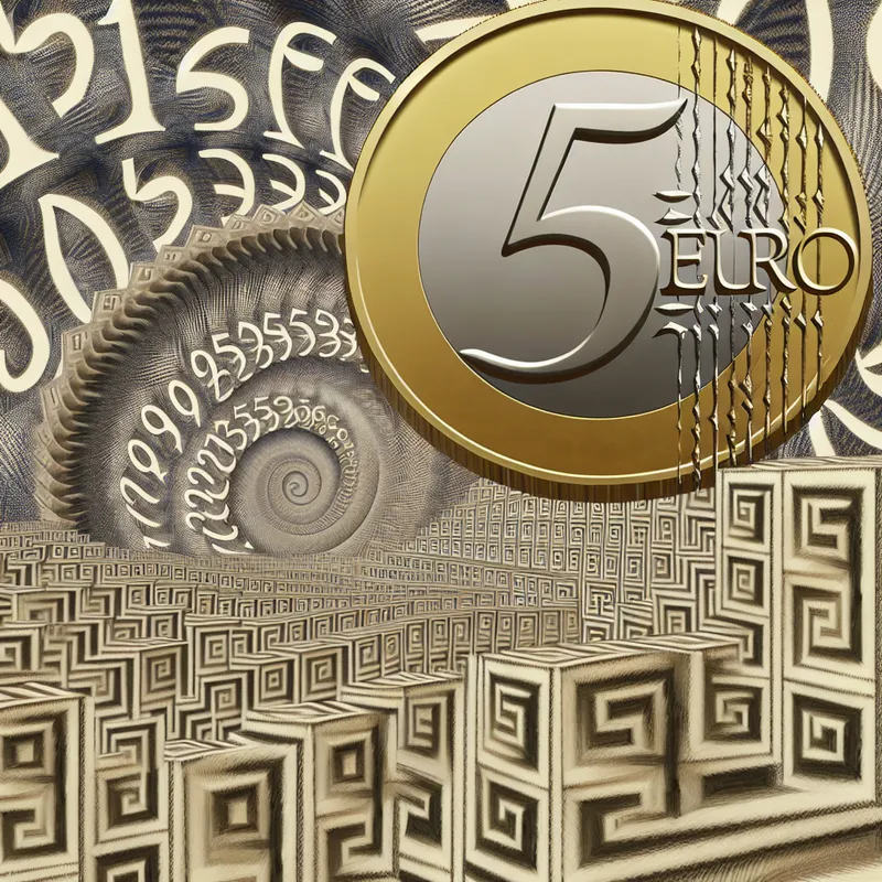 Surrealistisch landschap met een gigantische 5 Euro munt boven een geometrisch patroon van getallen, omringd door abstracte voorstelling van meer dan 40.