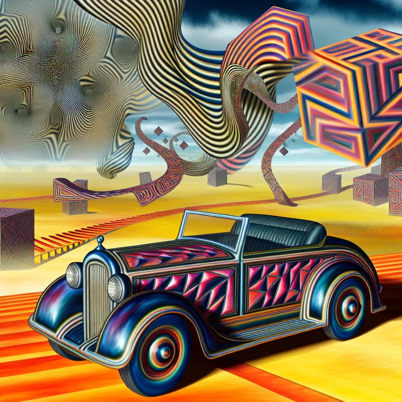 Surrealistisch landschap met een kleurrijke weg en een gedetailleerde auto die vrijheid symboliseert