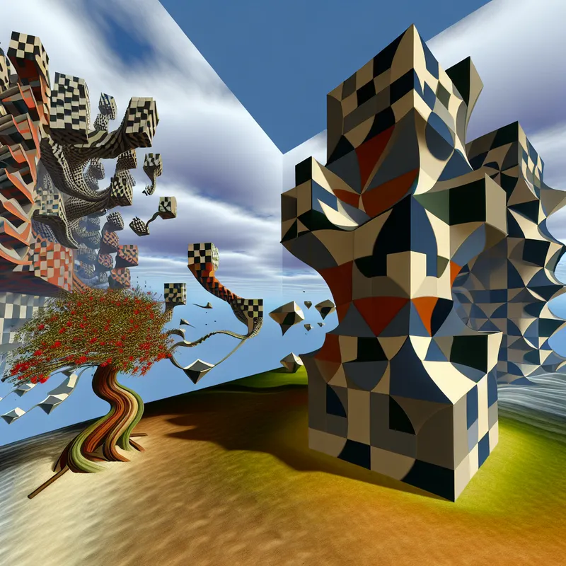 Surreal geometrisch landschap met wiskundig precieze structuren die in elkaar overgaan, met aan de ene kant vervallen gebouwen en aan de andere kant bloeiende bomen die de impact van een beleidsverandering symboliseren.