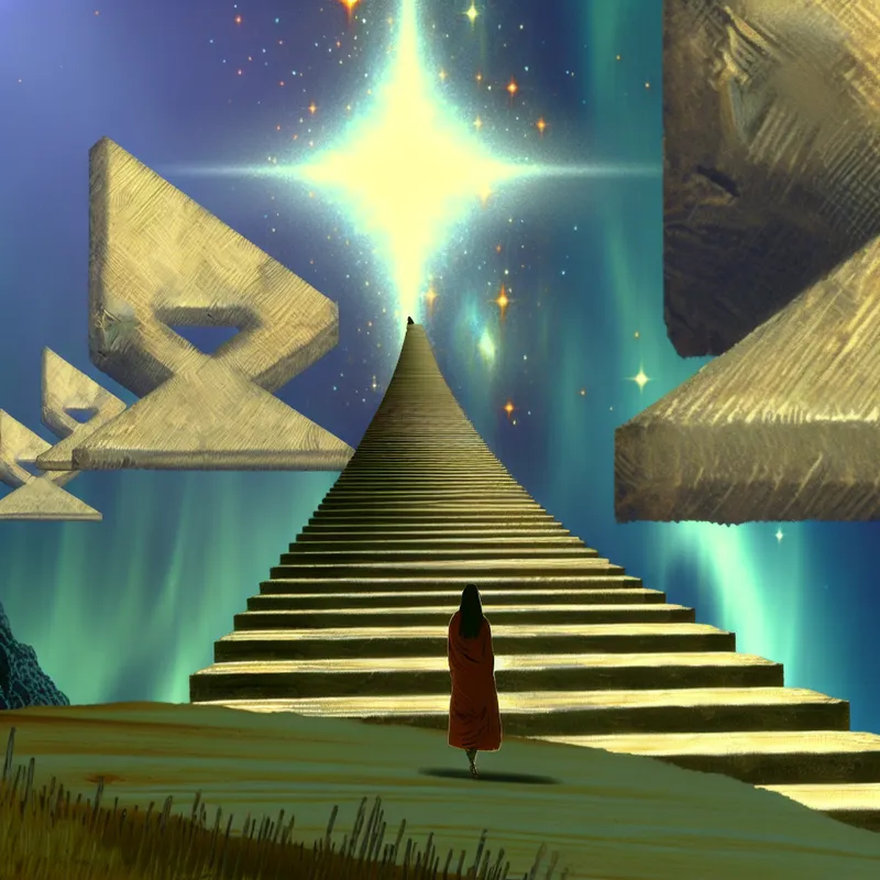 Surrealistisch landschap met een betonnen trap die naar een etherische lucht leidt, met een eenzame figuur aan de basis die omhoog kijkt.
