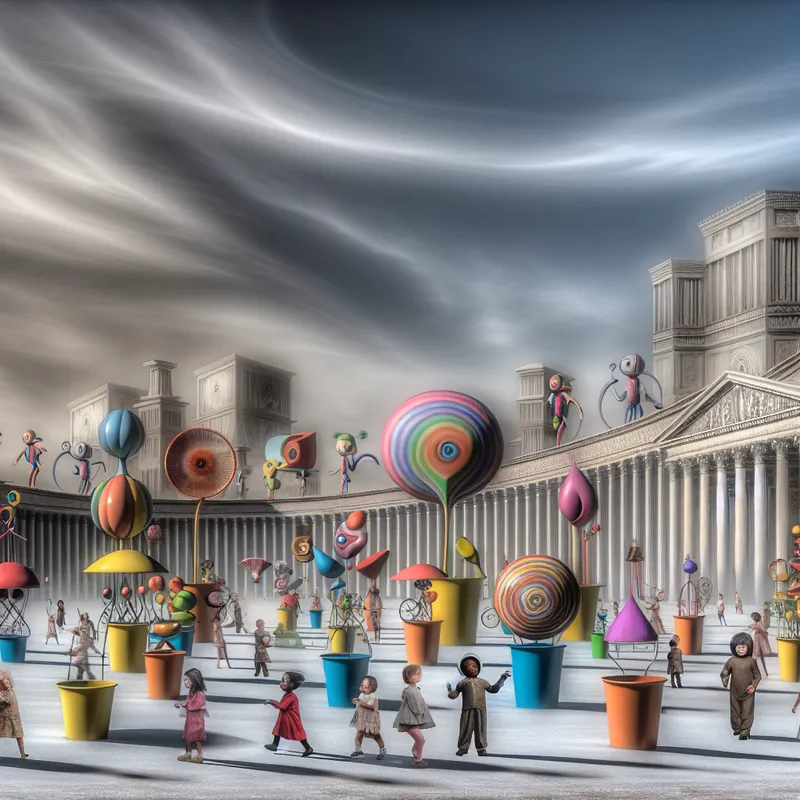 Surrealistisch landschap met kleurrijke structuren die cyclusjes symboliseren, speelse kinderen die interactie hebben met de structuren.