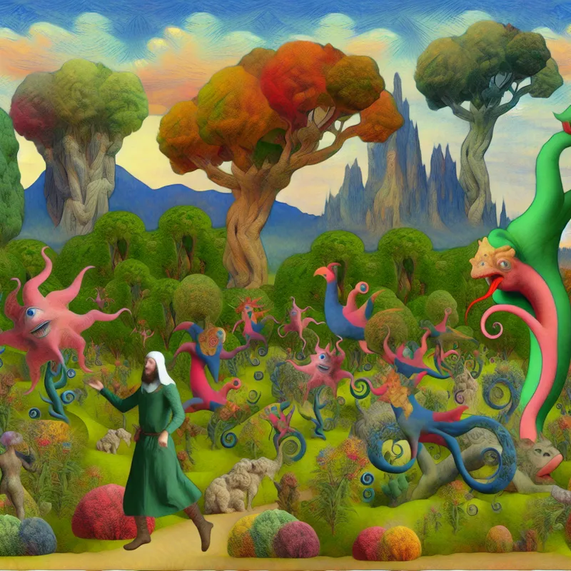 Fantastisch landschap met surrealistische wezens en een dansende figuur, geïnspireerd door Hieronymus Bosch, die de schoonheid van de natuur viert.