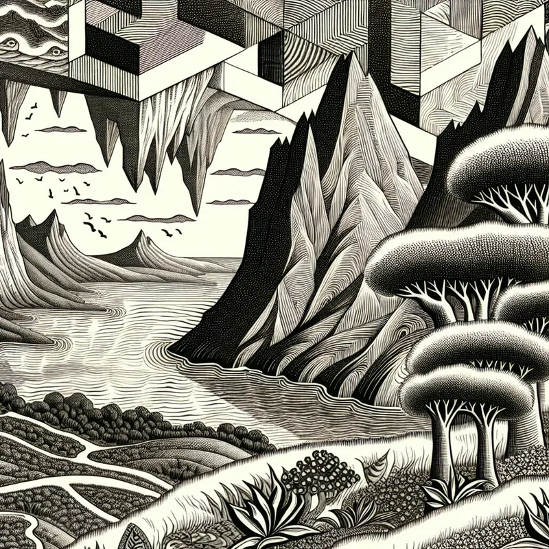 Een surrealistisch landschap met bergen, bossen en een serene zee, vol geometrische patronen en elementen geïnspireerd door M.C. Escher.
