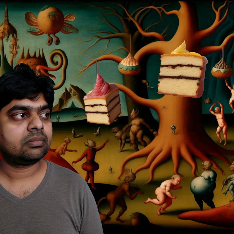 Een persoon staat ongeïnteresseerd in een surrealistisch landschap vol vreemde wezens en een boom met grote stukken taart.
