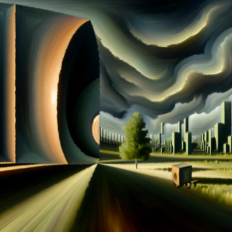 Hyperrealistisch surrealistisch landschap met abstracte gravitationele kracht en geometrische structuren, geïnspireerd door Carel Willink.