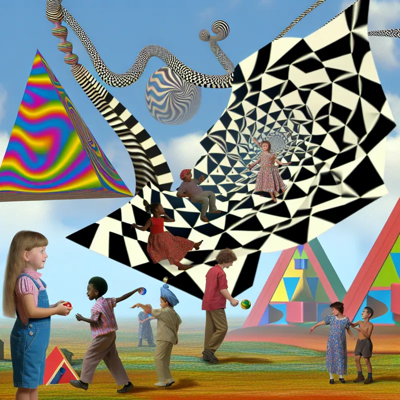 Een kind speelt buiten in een surrealistisch landschap met geometrische vervormingen, vol onmogelijke structuren en speelse patronen.