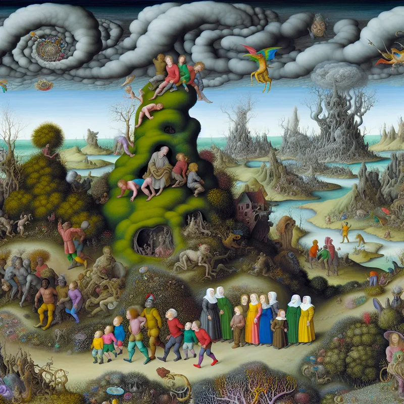 Surrealistisch landschap met kinderen die spelen op een kleurrijke heuvel, geïnspireerd door de stijl van Hieronymus Bosch, met vreemde wezens en bizarre structuren op de achtergrond.