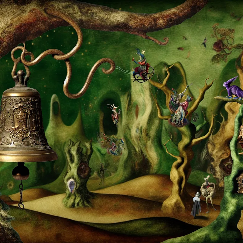 Een surrealistisch landschap met een oude, versierde bel die hangt aan een verwrongen boomtak, met kleurrijke, fantastische wezens die dansen in de lucht als noten in een muziekschrift.