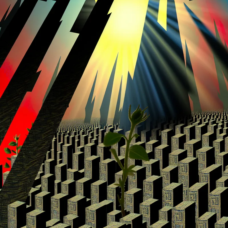 Een surrealistisch en geometrisch landschap met een verwelkte plant die moeite heeft om te groeien, omgeven door hoge, schaduwrijke structuren.