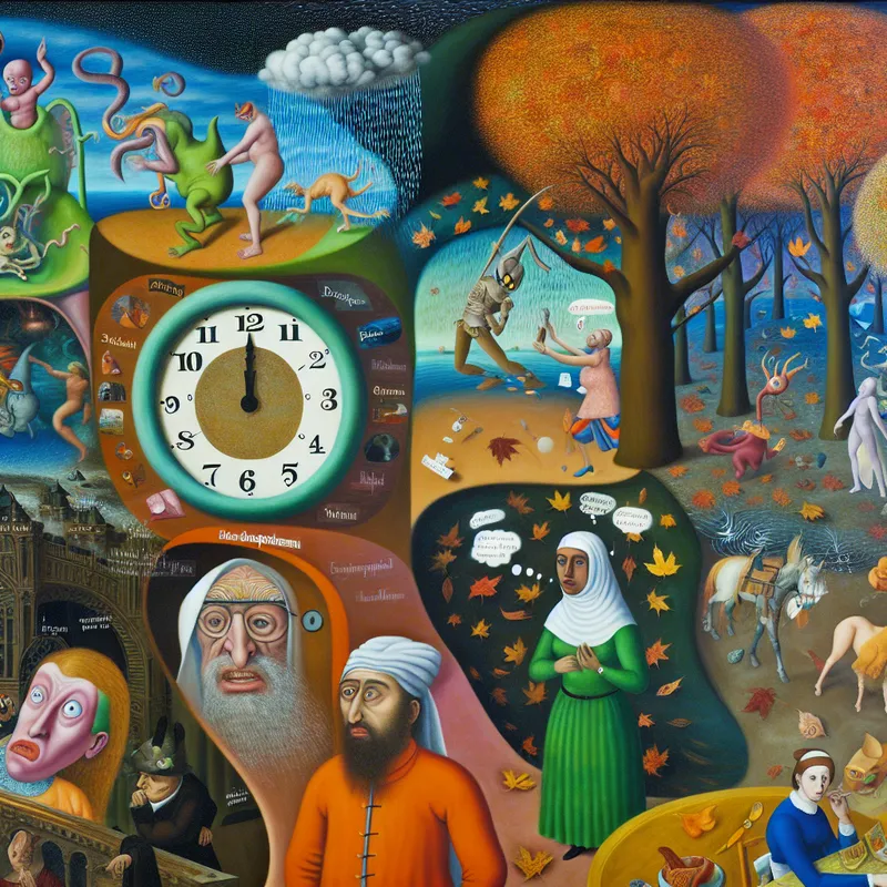 Surrealistisch landschap in Nederland met verschillende momenten van de dag, inclusief bizarre wezens en kleurrijke details.