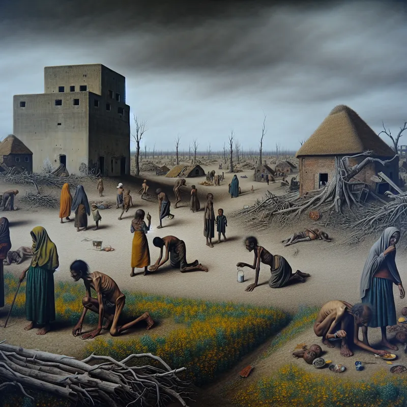 Hyper-realistisch, surrealistisch landschap van een war-torn dorp met uitgeputte mensen die naar voedsel zoeken tussen de ruïnes.
