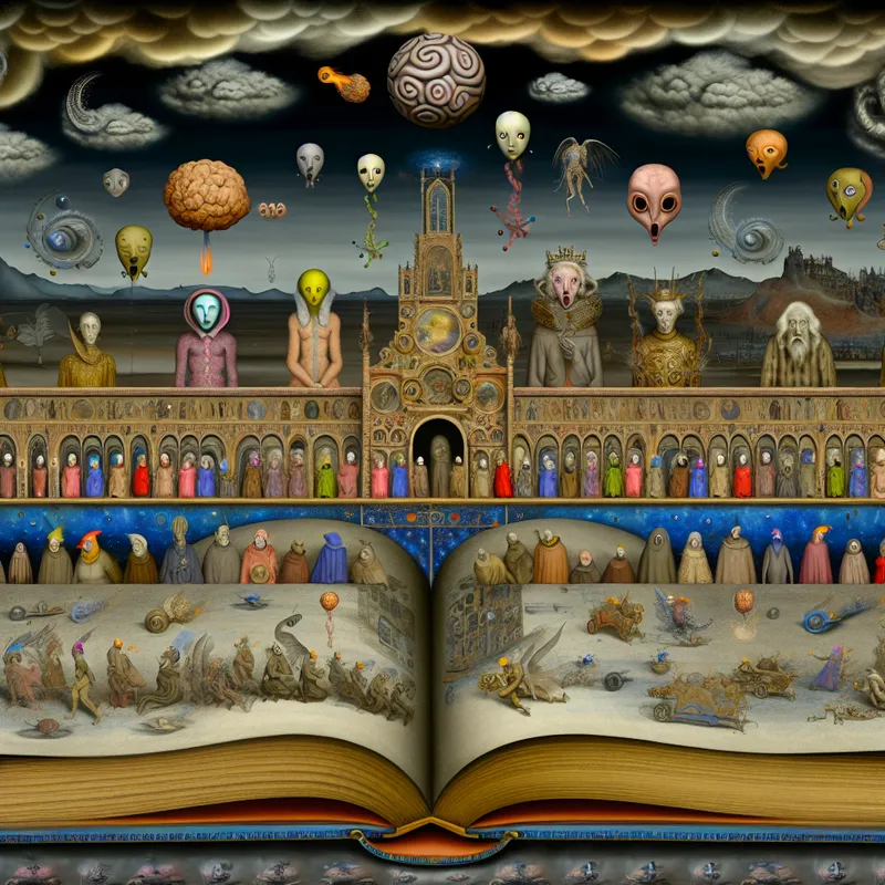 Een open, groot en kunstzinnig boek met bizarre wezens die eruit tevoorschijn komen, in een surrealistisch landschap.
