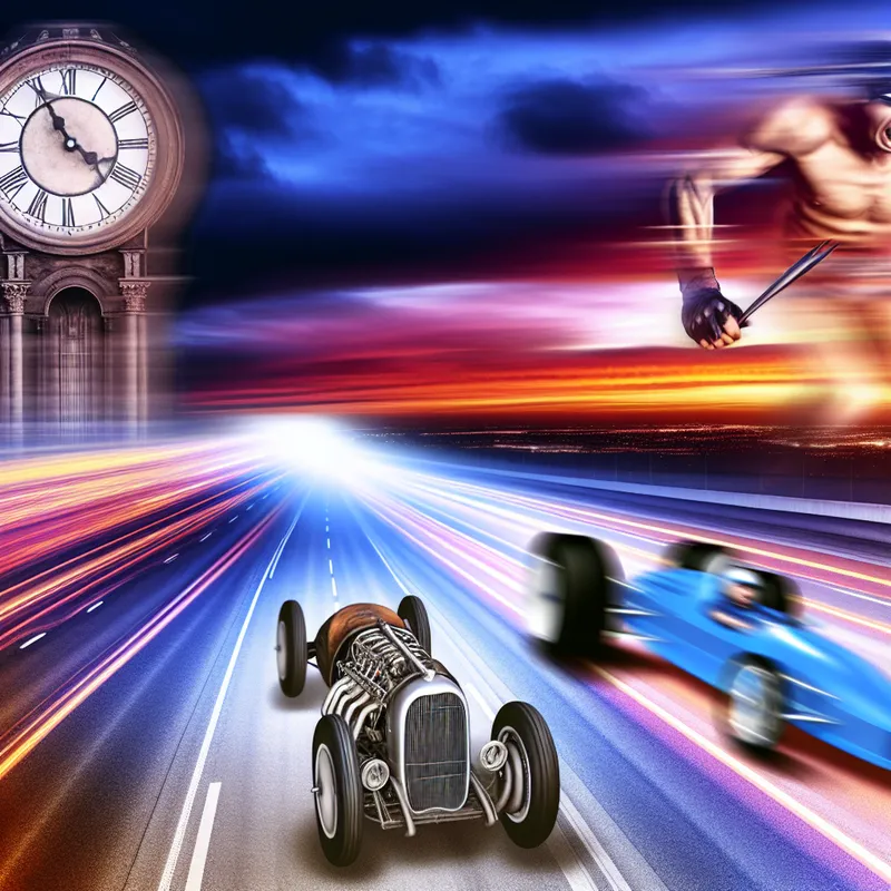 Een hyperrealistisch landschap met een raceauto die over een verlaten snelweg rijdt, een klokkentoren op de achtergrond en een competitie van hardlopers.