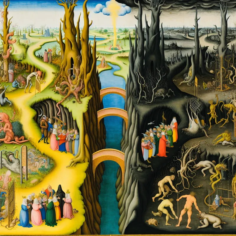 Surrealistisch landschap met een levendige en een duistere zijde, symboliserend segregatie, met mensen van verschillende etniciteiten en fantastische elementen.