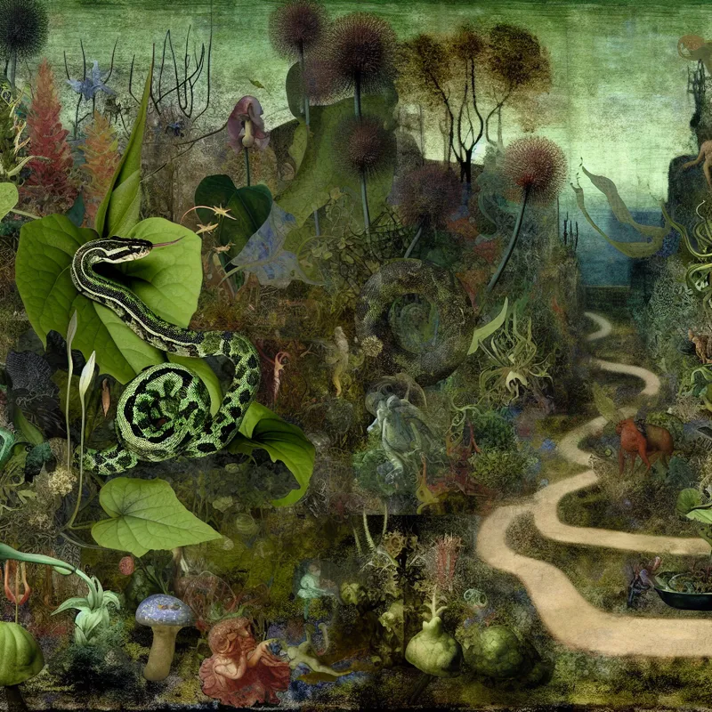 Een surrealistisch landschap met een gecamoufleerde slang tussen weelderig groen en vreemde flora.