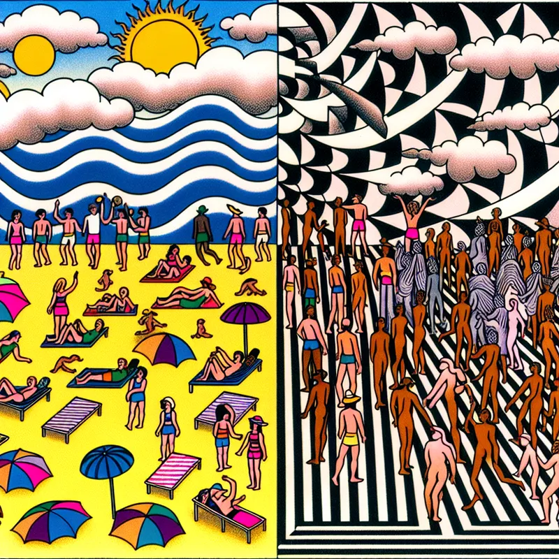 Surrealistisch landschap verdeeld in twee helften: een zonnig strand met mensen en een retro concert uit de jaren '80.