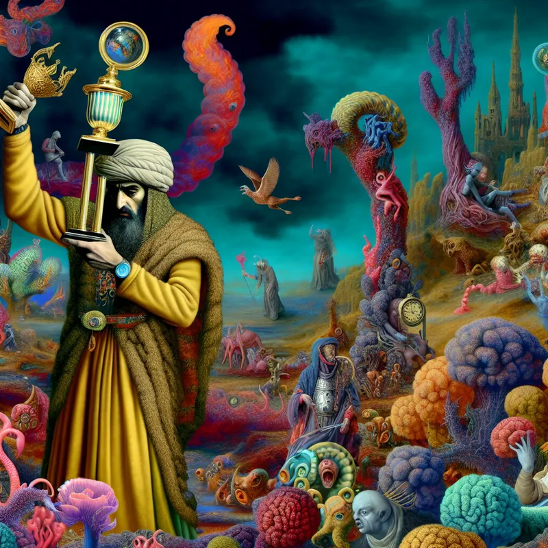 Surreal landschap met een figuur die een symbolische trofee vasthoudt, omringd door bizarre wezens die verdriet uitdrukken.