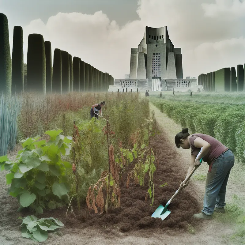 Een arbeider verwijdert overgroei met een schep uit een zorgvuldig onderhouden tuin, met monumentale architectuur op de achtergrond.