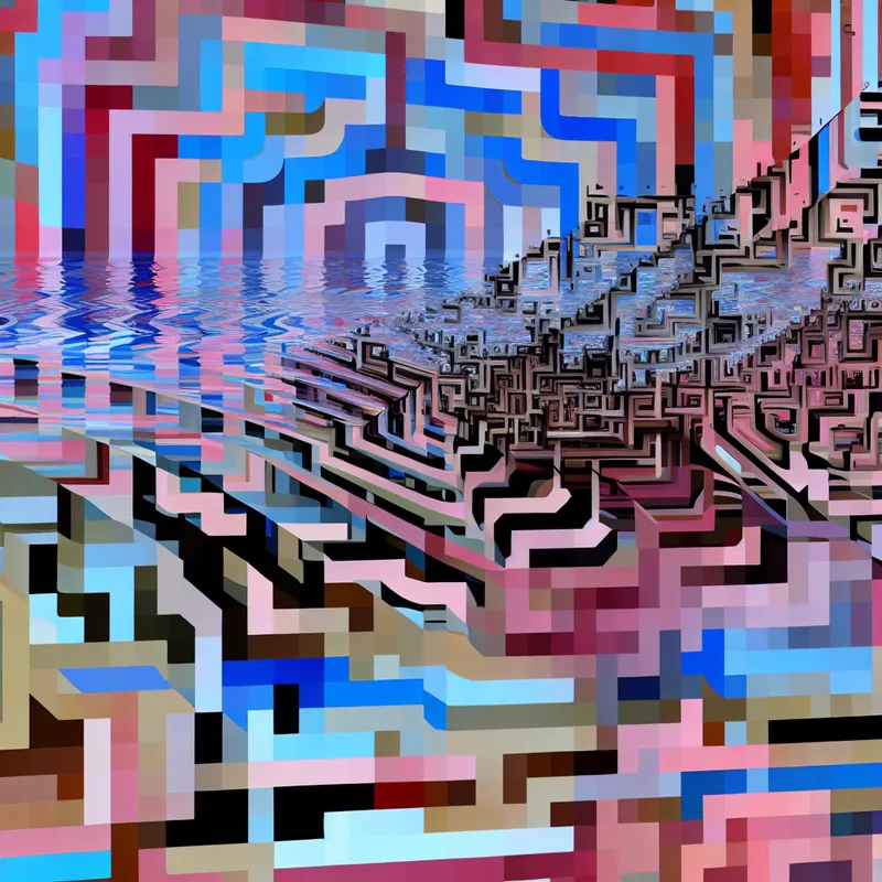 Surrealistisch landschap met abstracte geometrische vormen die oorspronkelijk plannen symboliseren, die transformeren naar nieuwe constructies.