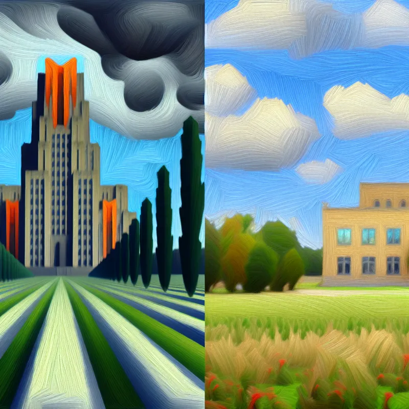 Surrealistisch landschap met een imposant gebouw dat 'groter' symboliseert aan de linkerkant en een elegante structuur die 'beter' vertegenwoordigt aan de rechterkant.