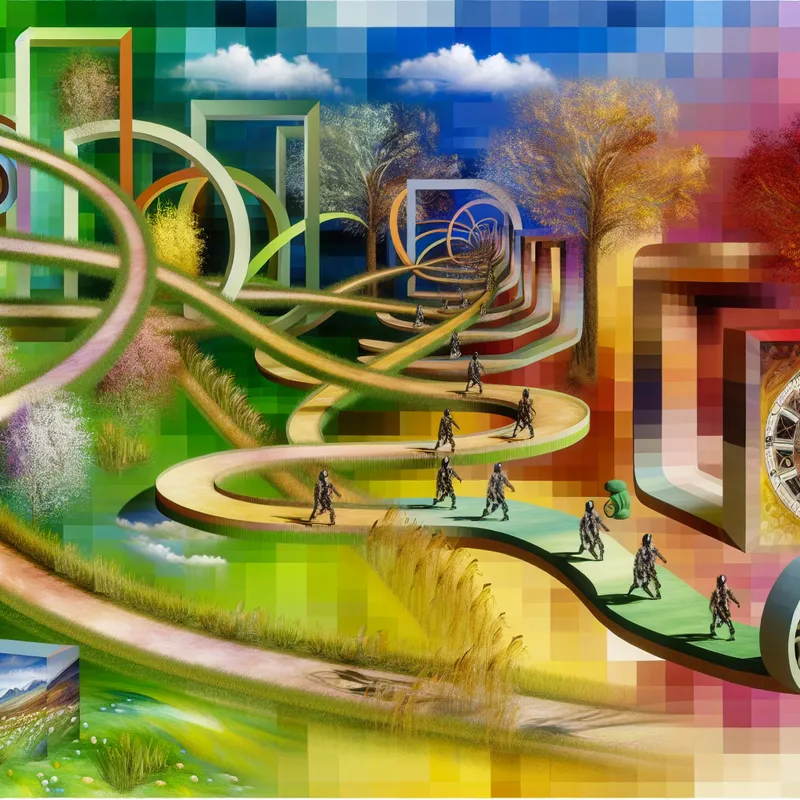 Surrealistisch landschap met een kronkelige pad die door de seizoenen verandert en vriendschap symboliseert, geïnspireerd door M.C. Escher.