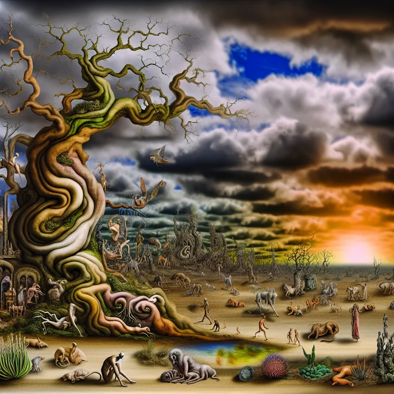 Een surrealistisch landschap met een oud, verdord boom die langzaam verwelkt door een mysterieuze ziekte, omringd door bizarre, fantastische wezens.