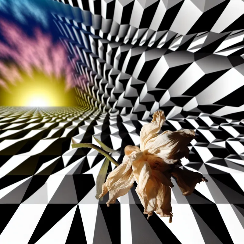 Een verwelkte bloem in een surrealistisch landschap, met geometrische patronen en een verzonken zon.