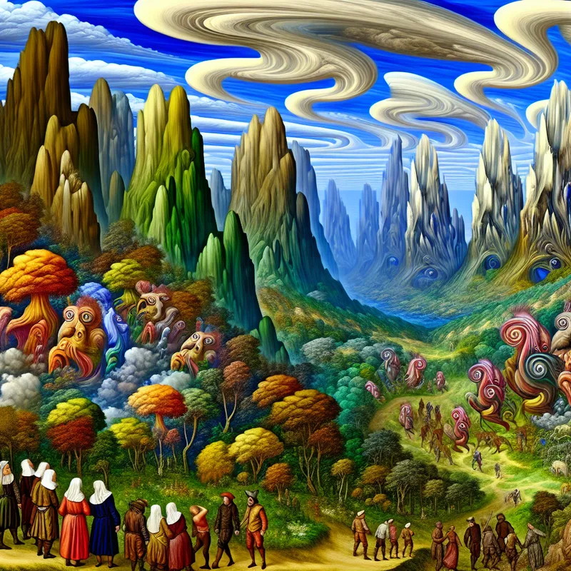 Surrealistisch landschap met hoge bergen en diepe valleien vol fantasierijke wezens, terwijl een groep mensen in verwondering kijkt.