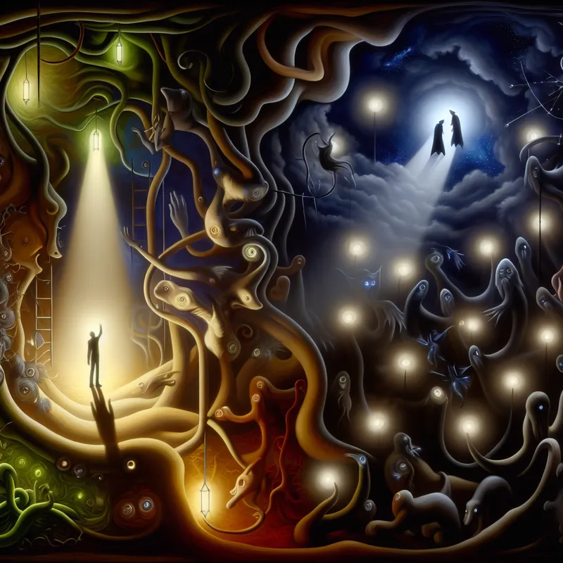 Een centrale figuur in een surrealistisch landschap staat tussen bizarre wezens die valse vrienden en afleidingen vertegenwoordigen, terwijl hij naar een stralend licht kijkt dat ware vriendschap symboliseert.