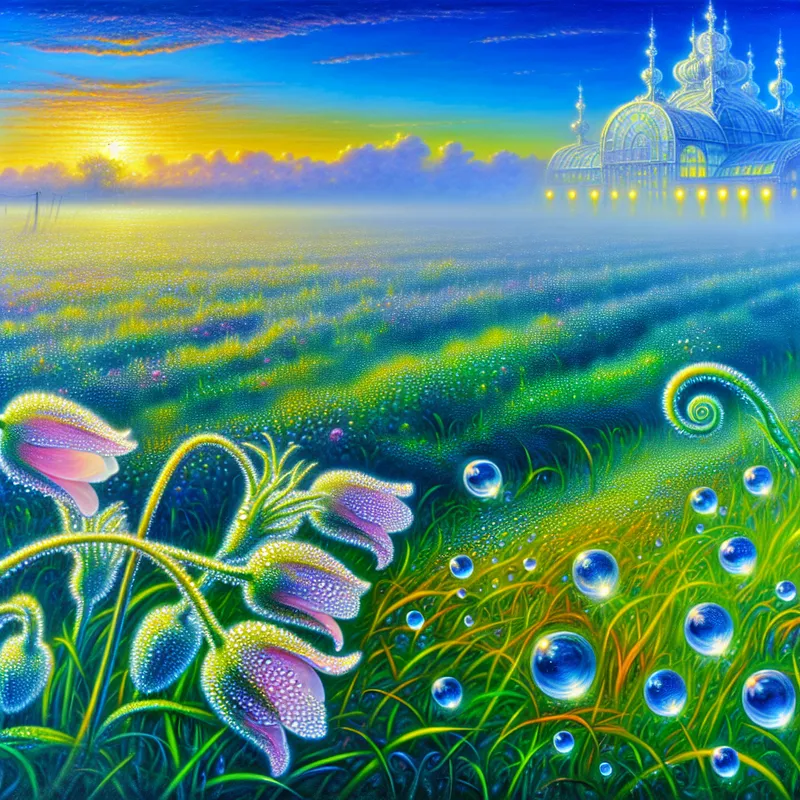 Surrealistisch landschap bij zonsopgang met een open veld en delicate bloemblaadjes bedekt met dauwdruppels.