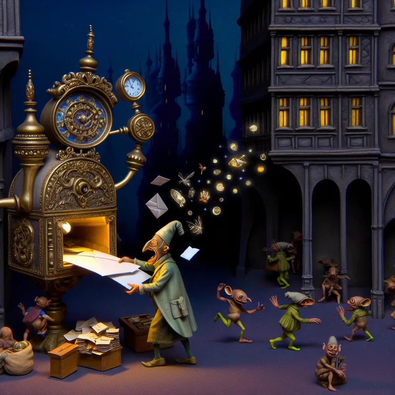 Surrealistisch tafereel van een postkantoor of winkelbalie in de stijl van Jheronimus Bosch, waar een mechanische postbode een grote kassa of brievenbus leegt met zwevende brieven en munten