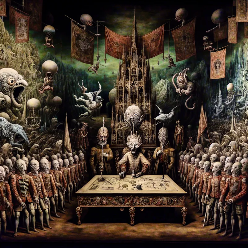 Surrealistisch tafereel van een fantastische oorlogsraad in de stijl van Jheronimus Bosch, met hybride wezens in militaire uniformen die een bevel voor het hele leger bespreken