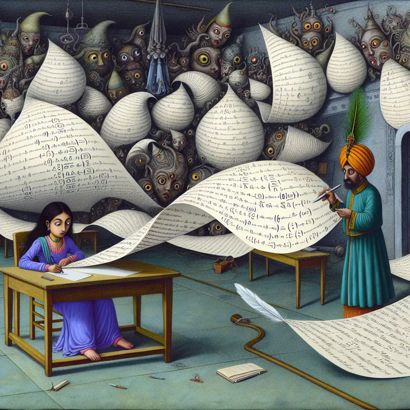 Een surrealistische leslokaal met een student die verwonderd naar een wiskunde-examen kijkt, omringd door bizarre wezens en incorrecte berekeningen die zweven.