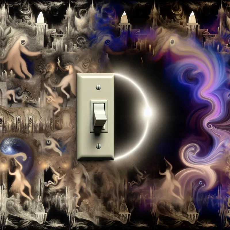 Surrealistische afbeelding van een lichtschakelaar op een grote wand, omringd door bizarre wezens en vreemde kleuren die verschillende lichtstanden symboliseren.