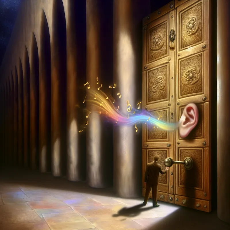 Een persoon luistert met hun oor tegen een gesloten houten deur, omgeven door een mysterieuze en schaduwachtige omgeving.