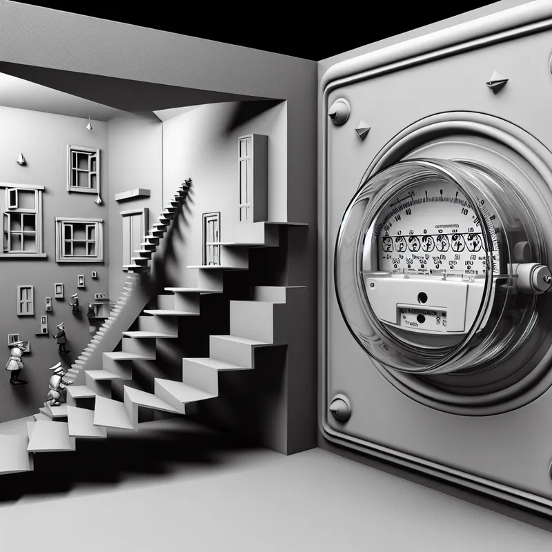 Surrealistisch kunstwerk geïnspireerd op M.C. Escher met een elektriciteitsmeter als centraal meetinstrument, omringd door oneindige trappen en optische illusies in een modern huis