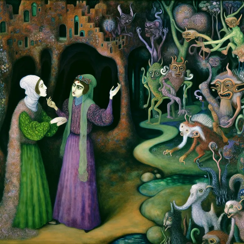 Een surrealistisch beeld van een meisje en haar moeder die op theatrale wijze met elkaar communiceren, omringd door bizarre wezens die hun bewegingen en gezichtsuitdrukkingen imiteren.