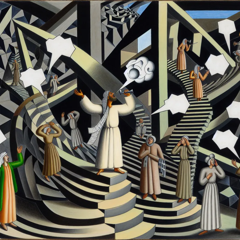 Een surrealistisch tafereel geïnspireerd door M.C. Escher met een man die met zijn handen spreekt in een geometrisch complexe ruimte vol optische illusies.