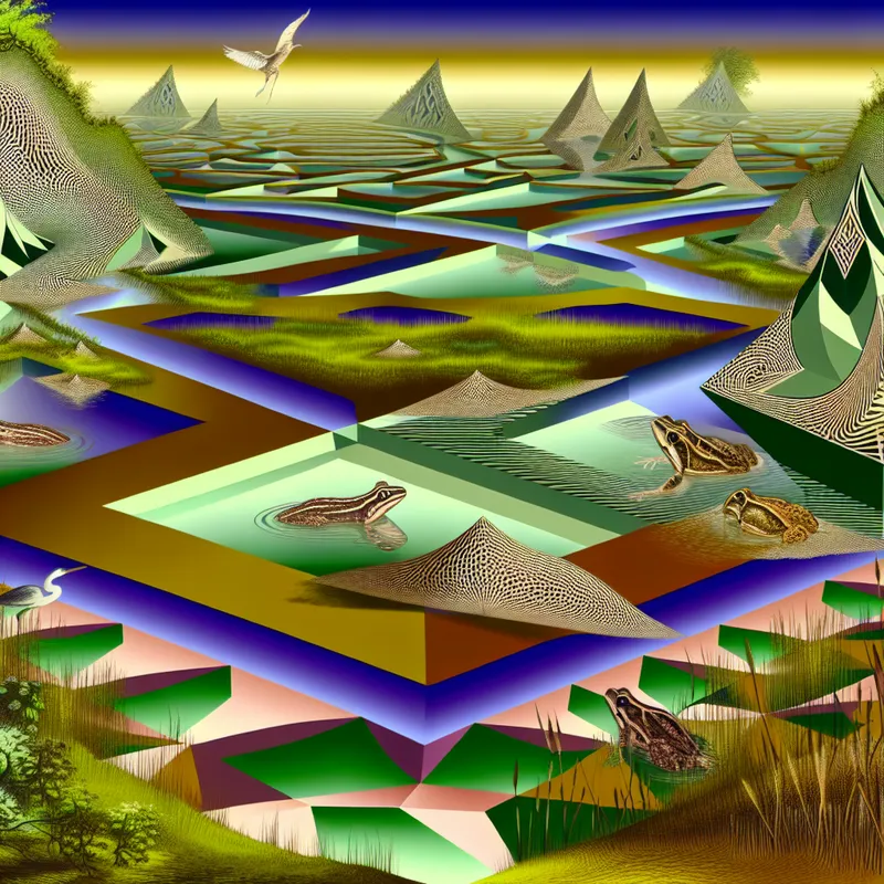 Surrealistisch moeraslandschap met geometrische patronen, dieren zoals kikkers en watervogels, en luxe vegetatie.