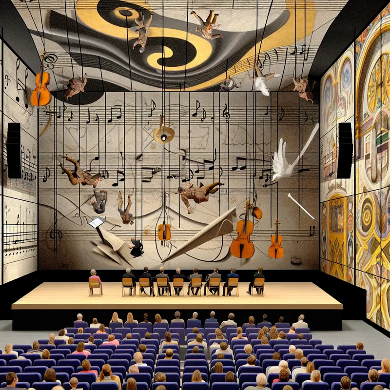 Surrealistisch auditorium geïnspireerd op M.C. Escher met zwevende muzikale noten, instrumenten en artiesten in een optisch illusie van een muzikaal evenement