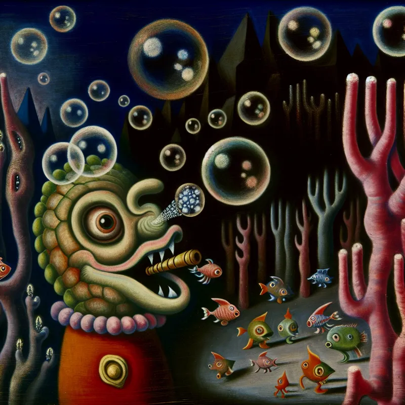 Een fantasievol zeemonster dat luchtbellen blaast in een surrealistische onderwateromgeving.