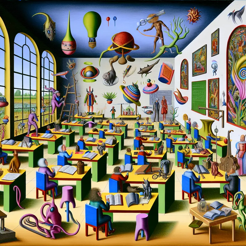 Surrealistische klaslokaalscène met diverse studenten en bizarre wezens als leraren