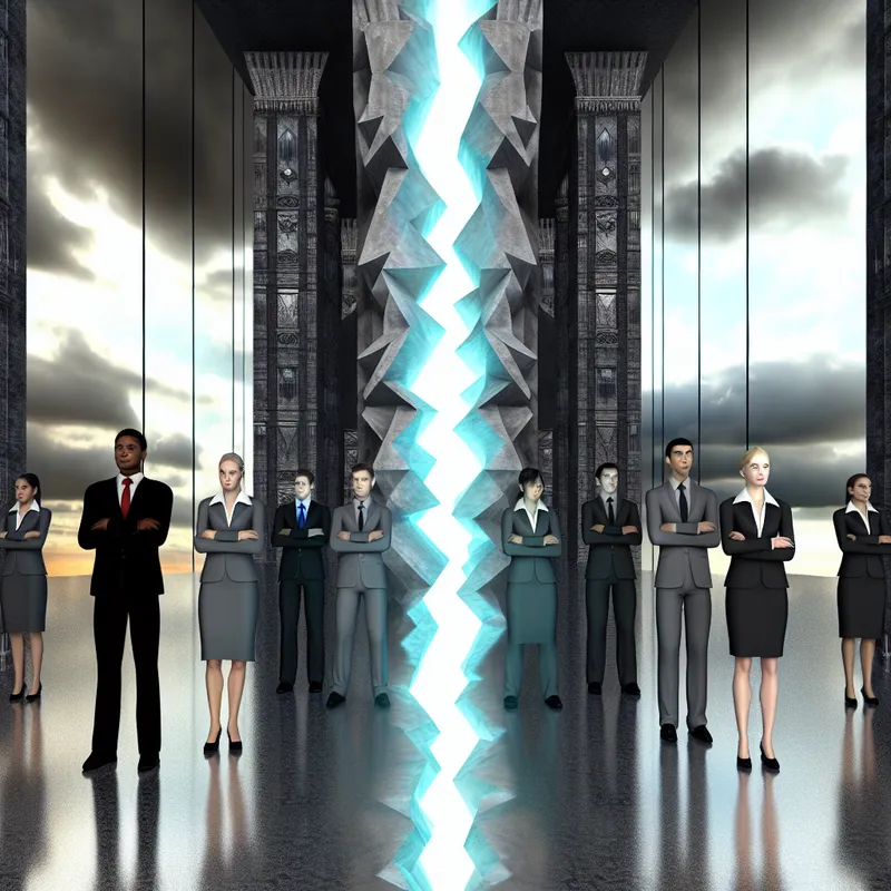 Hyperrealistisch surrealistisch kantoor met een diepe, gloeiende scheur die twee groepen gespannen medewerkers scheidt, symbool voor onenigheid binnen een team of organisatie